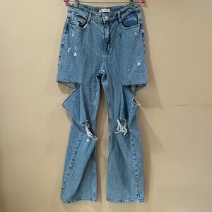 Zara Cut Out Straight Leg Jeans Distressed Denim Women 8/w30 New 6164/172